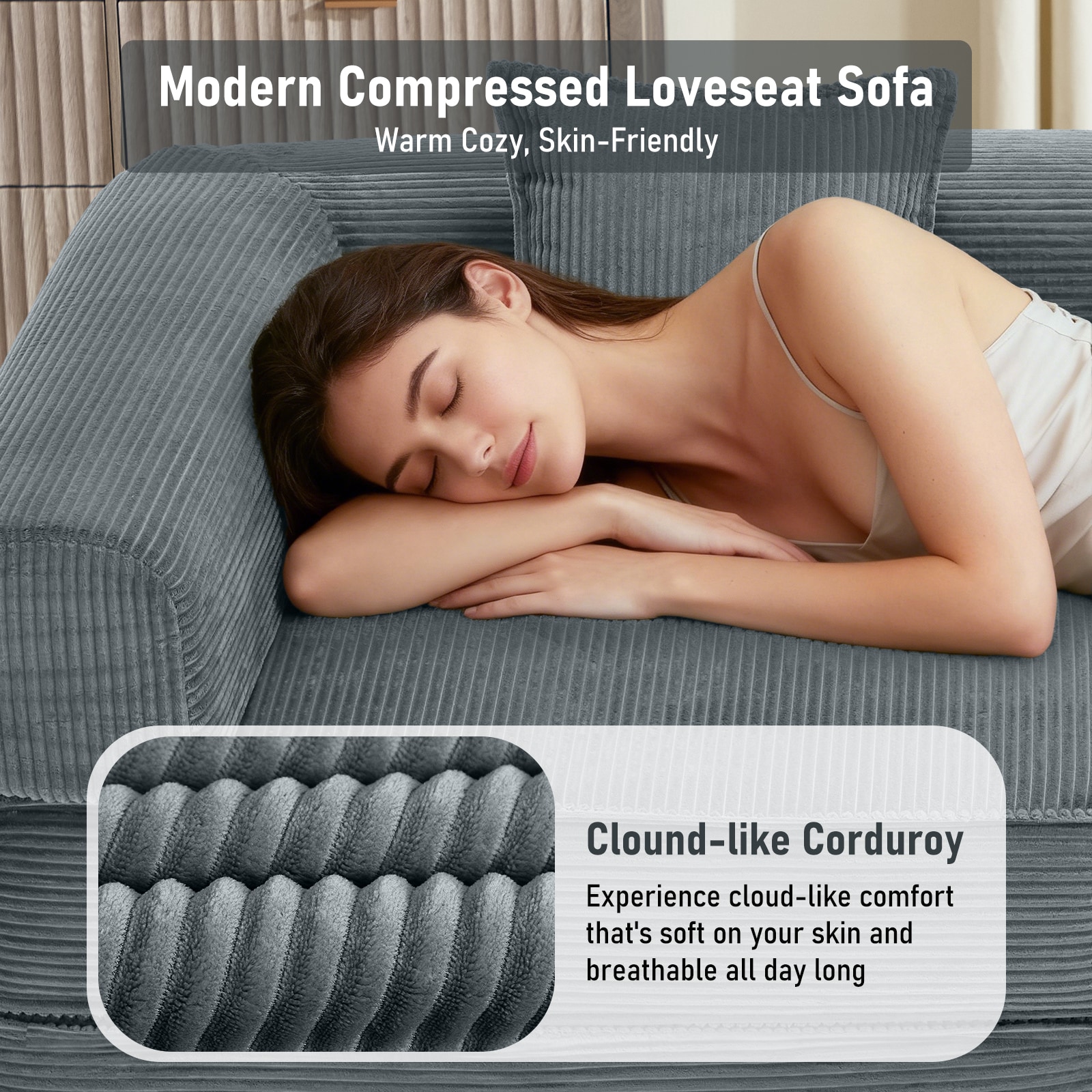 Convertible Sleeper Sofa Bed Grey Modular Corduroy Couch 2 Pillows_voghion.com